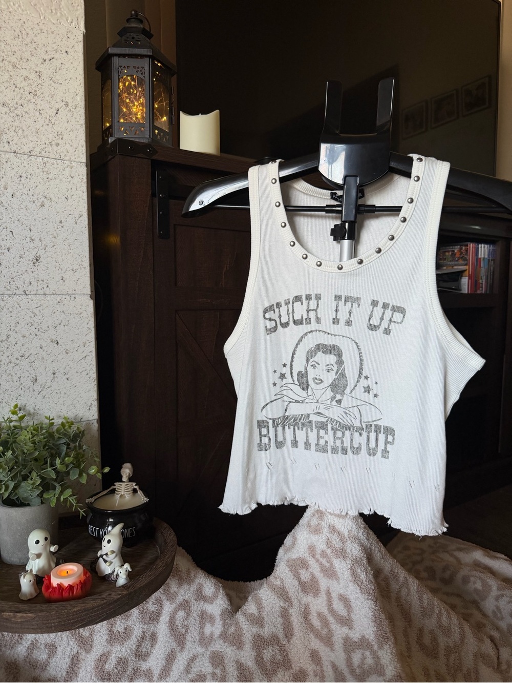 ‘Suck It Up Buttercup’ Studded Tank (L) NWT